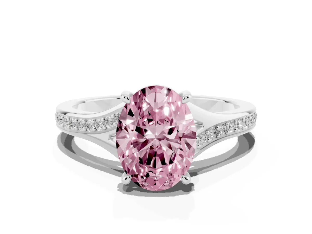 Fancy Pink Oval Cut Diamond Solitaire Ring with Pavé Band and Prong Setting Silver