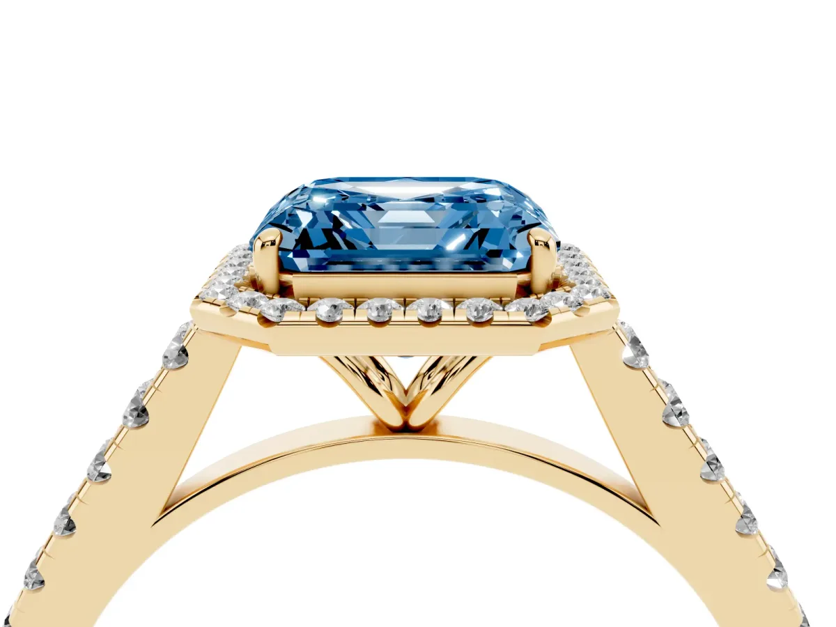 Fancy Blue Asscher Cut Halo Pave Diamond Engagement Ring with Four-Prong Setting Yellow gold