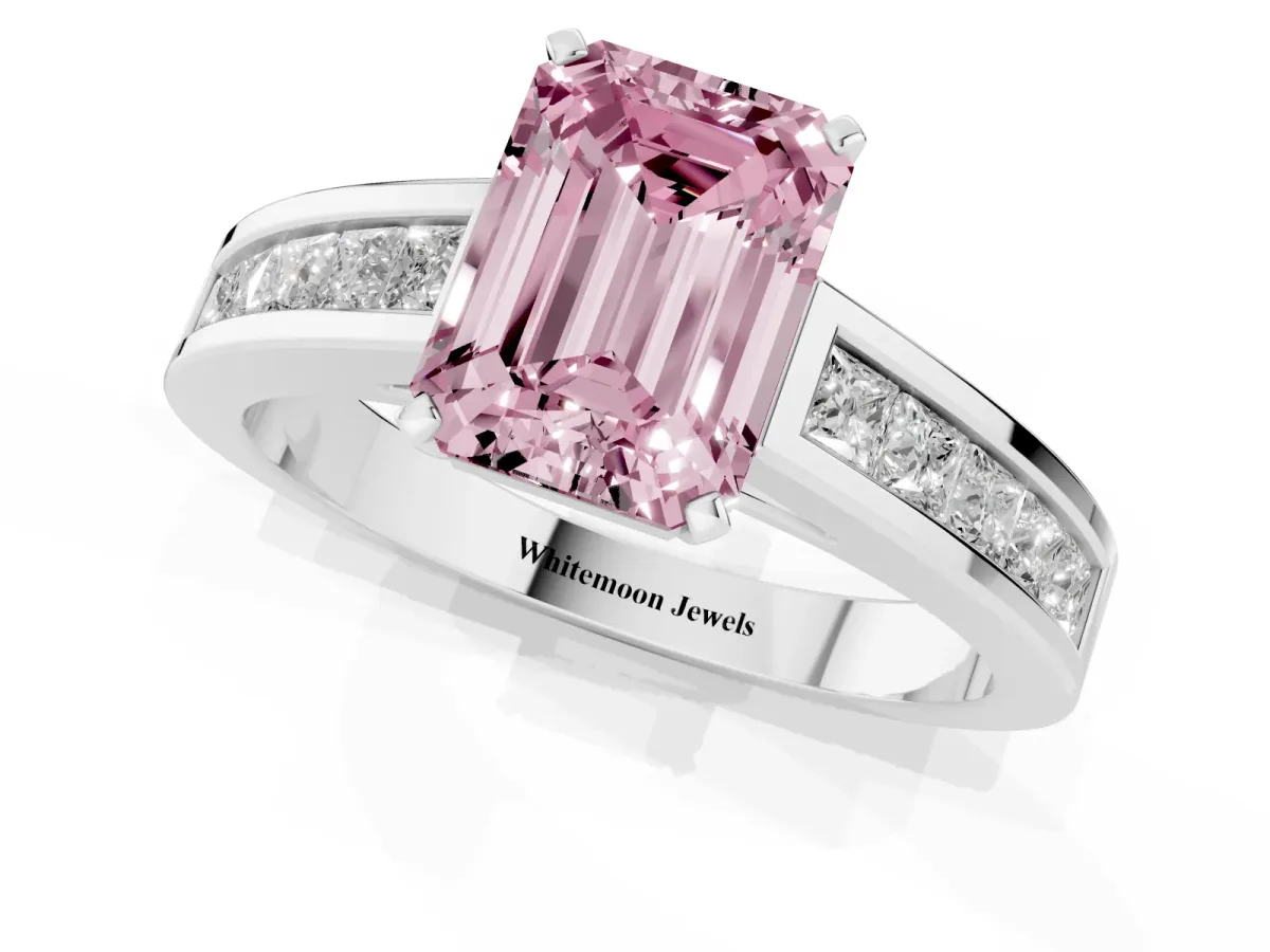 Fancy Pink Emerald Cut Solitaire Diamond Ring with Channel-Set Band and Four-Prong Setting Platinum