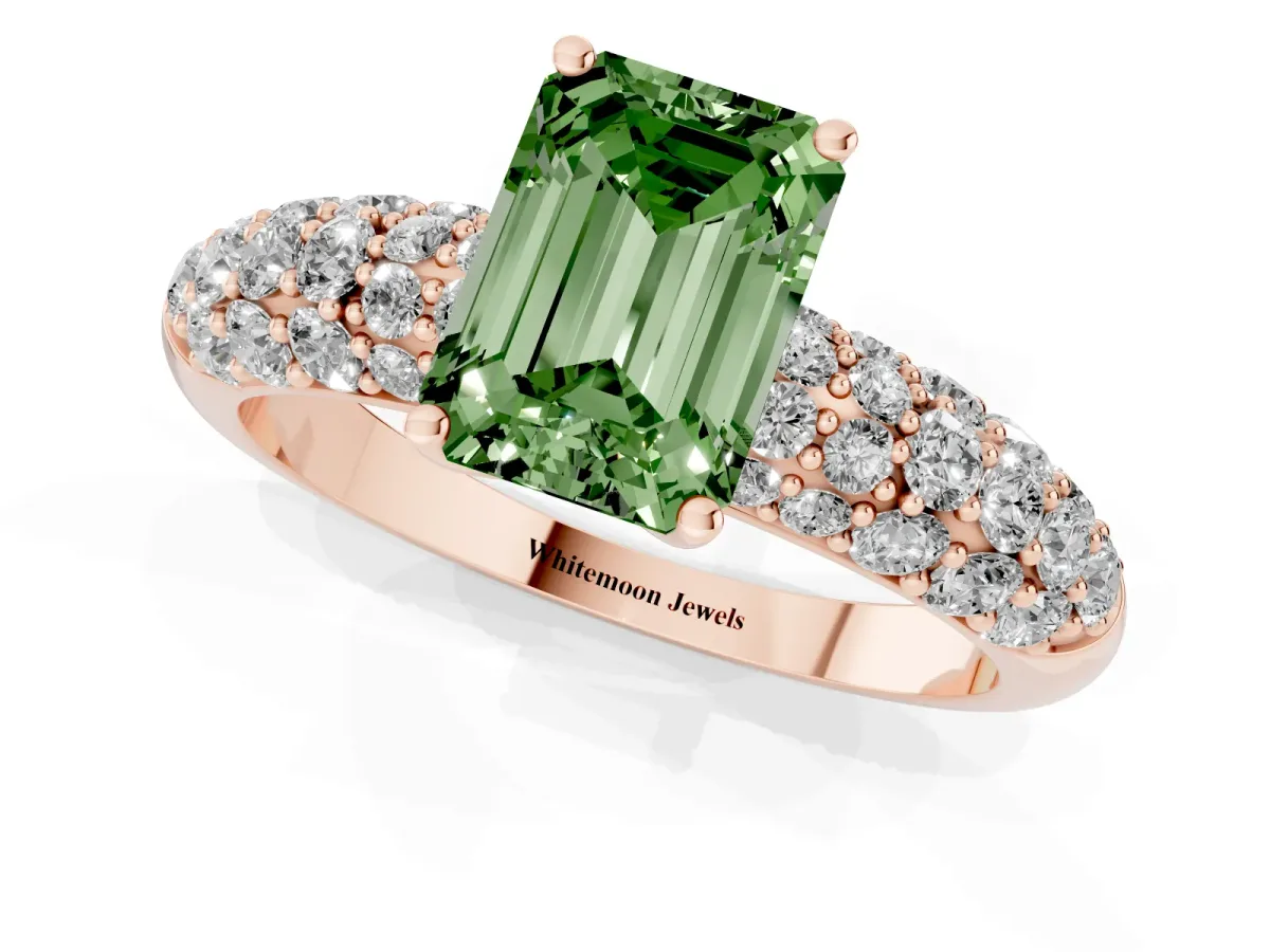 Fancy Green Emerald Cut Diamond Pavé Band Solitaire Ring with Four-Prong Setting Rose gold