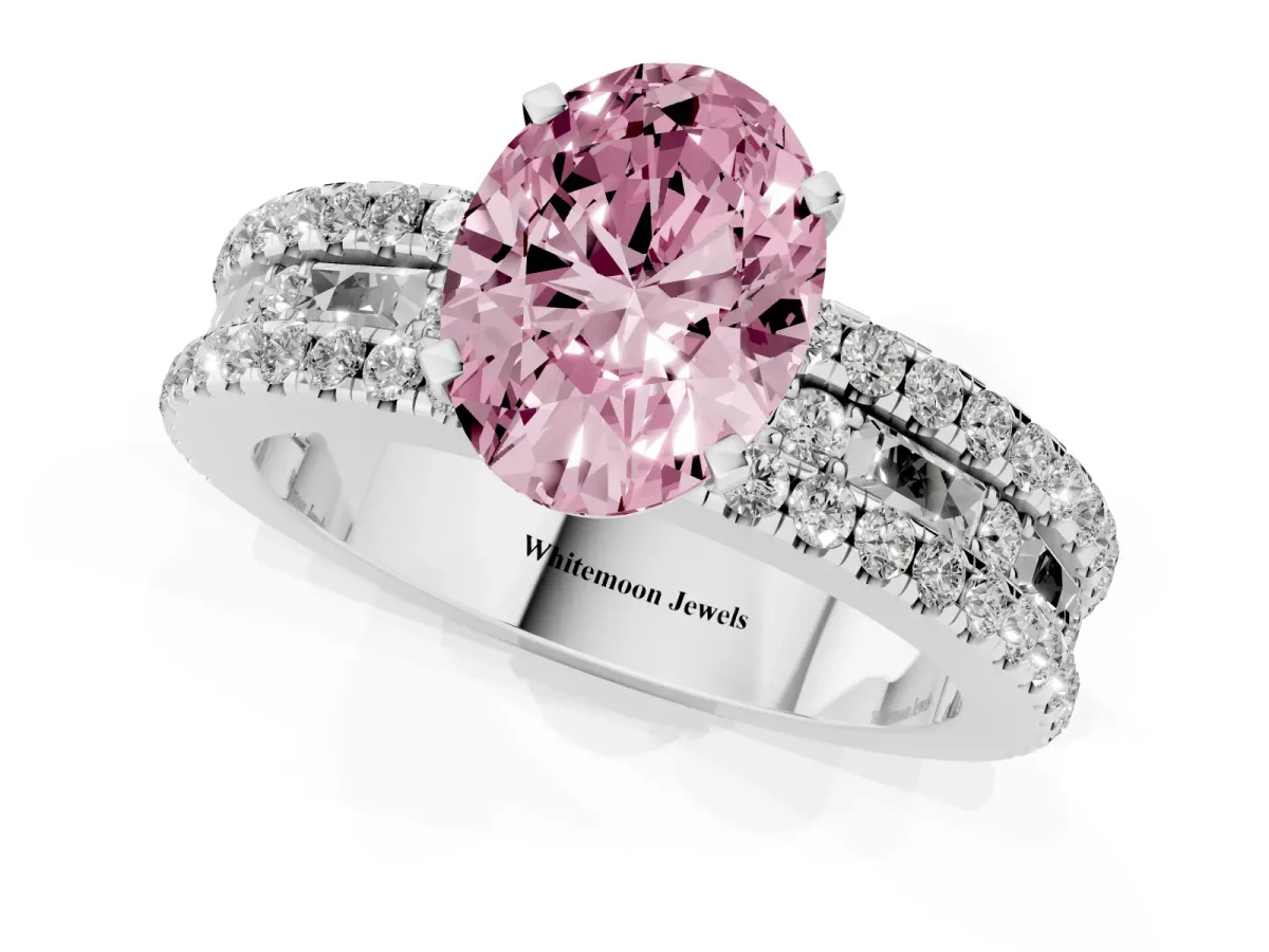 Fancy Pink Oval Cut Diamond Solitaire Ring with Pavé and Channel Set Band Silver