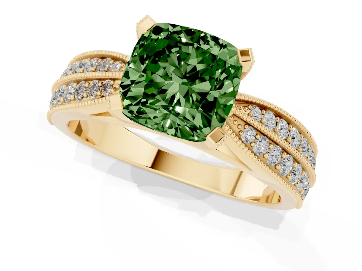 Fancy Green Cushion Cut Diamond Solitaire Ring with Milgrain Round Pavé Band and Prong Setting Yellow gold