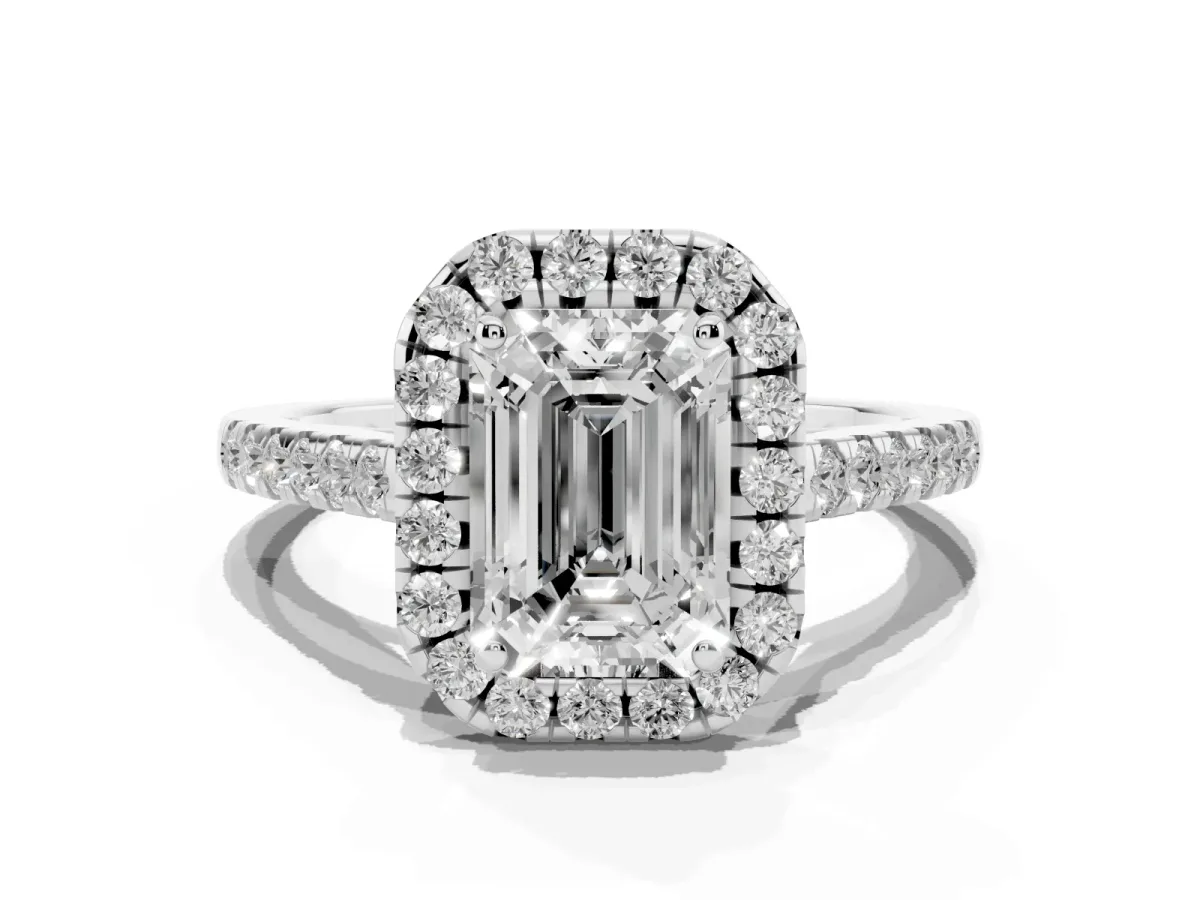 Emerald Cut Halo Pave Diamond Engagement Ring with Four-Prong Setting Platinum