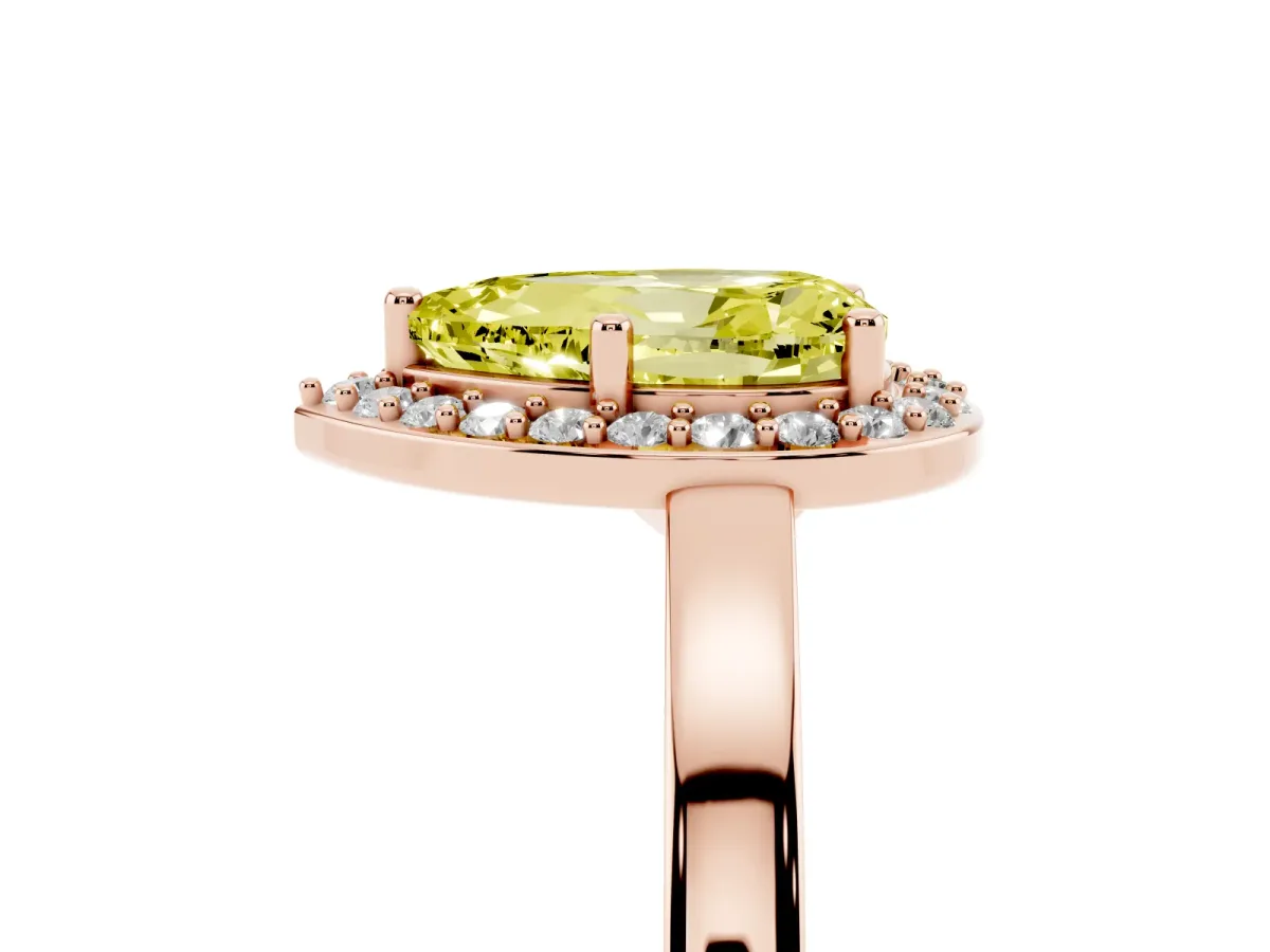 Fancy Yellow Pear Cut Halo Diamond Ring with Solitaire Band and Prong Setting Rose gold