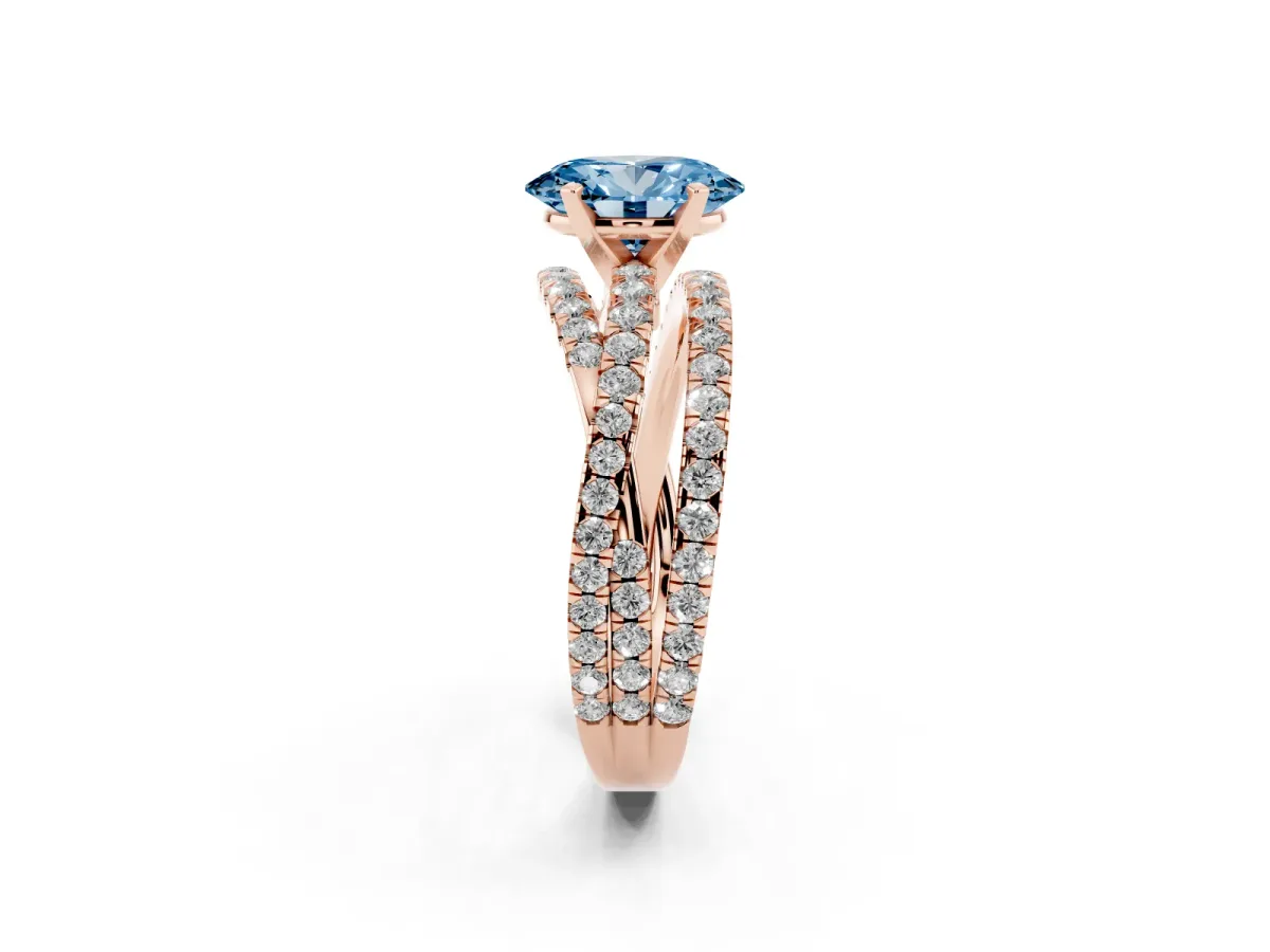 Fancy Blue Oval Cut Solitaire Twist Band with Pavé Setting and Four-Prong Setting Rose gold