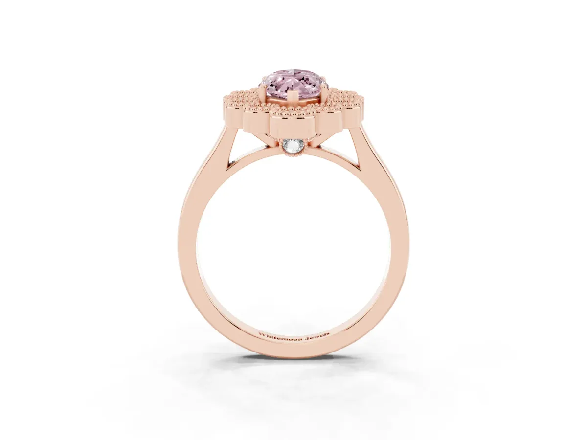 Fancy Pink Marquise Cut Halo Diamond Cluster Engagement Ring with Milgrain Bezel Setting and Solitaire Band Rose gold