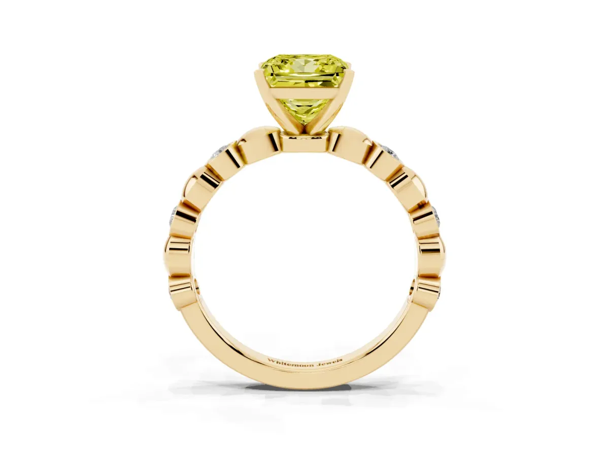 Fancy Yellow Princess Cut Solitaire Bezel-Set Diamond Ring with Beaded Band and Four-Prong Setting Yellow gold