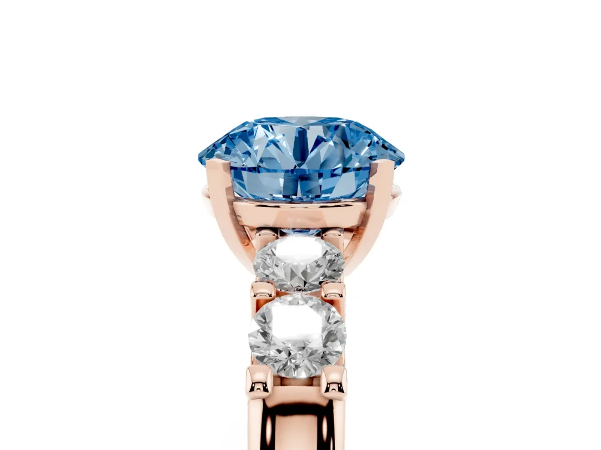 Fancy Blue Round Cut Brilliant Cut Diamond Five-Stone Prong Set Engagement Ring with Channel Band Rose gold
