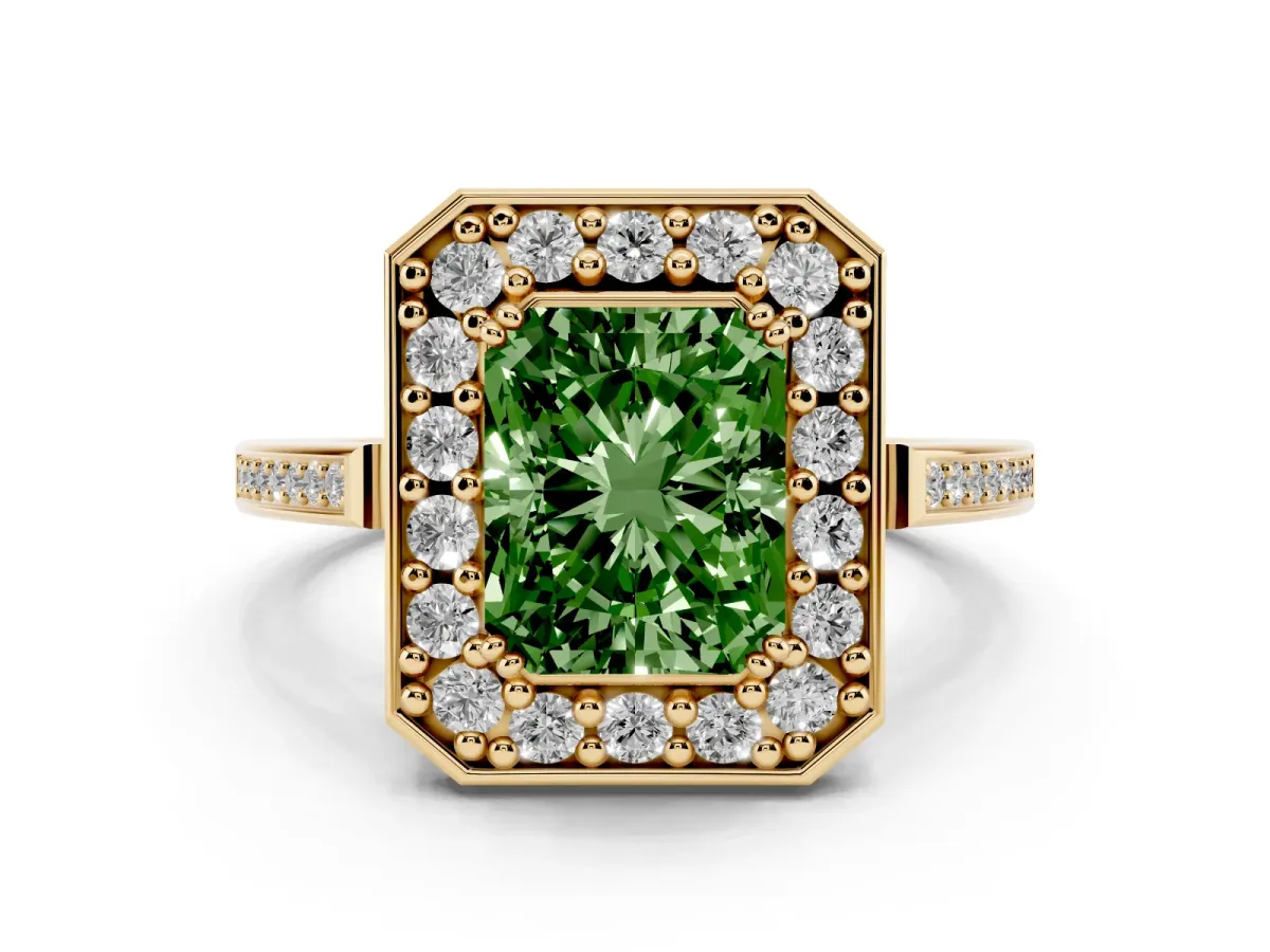 Fancy Green Radiant Cut Diamond Halo Ring with Split Shank and Four-Prong Setting Yellow gold