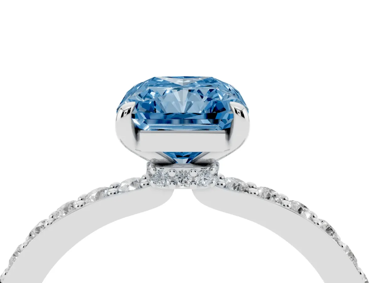 Fancy Blue Radiant Cut Diamond Pavé Engagement Ring with Round Accents and Prong Setting Silver