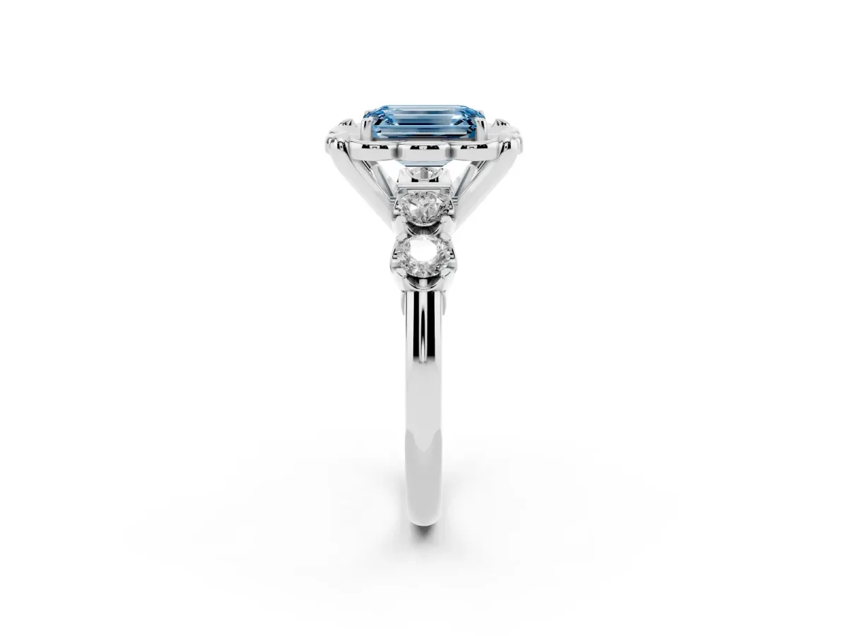 Fancy Blue Emerald Cut Cut Diamond Floral Halo Engagement Ring with Shared Prong Setting Silver
