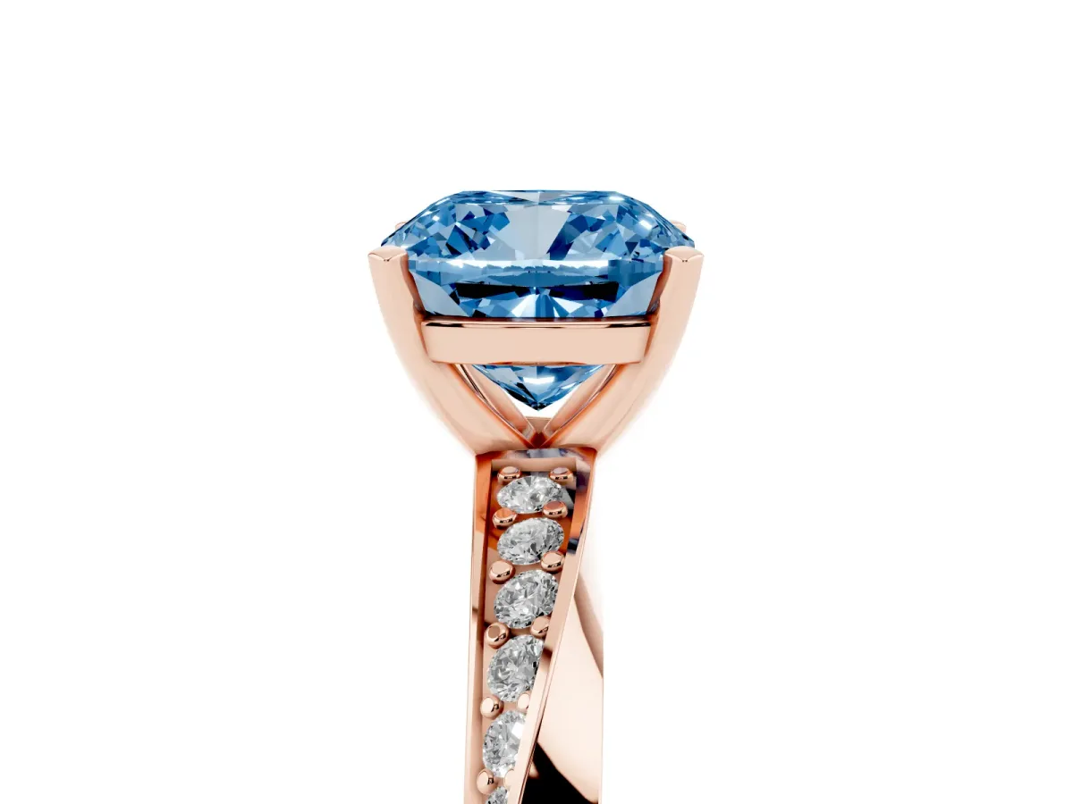 Fancy Blue Cushion Cut Diamond Engagement Ring with Side Stone Accents and Four-Prong Setting Rose gold