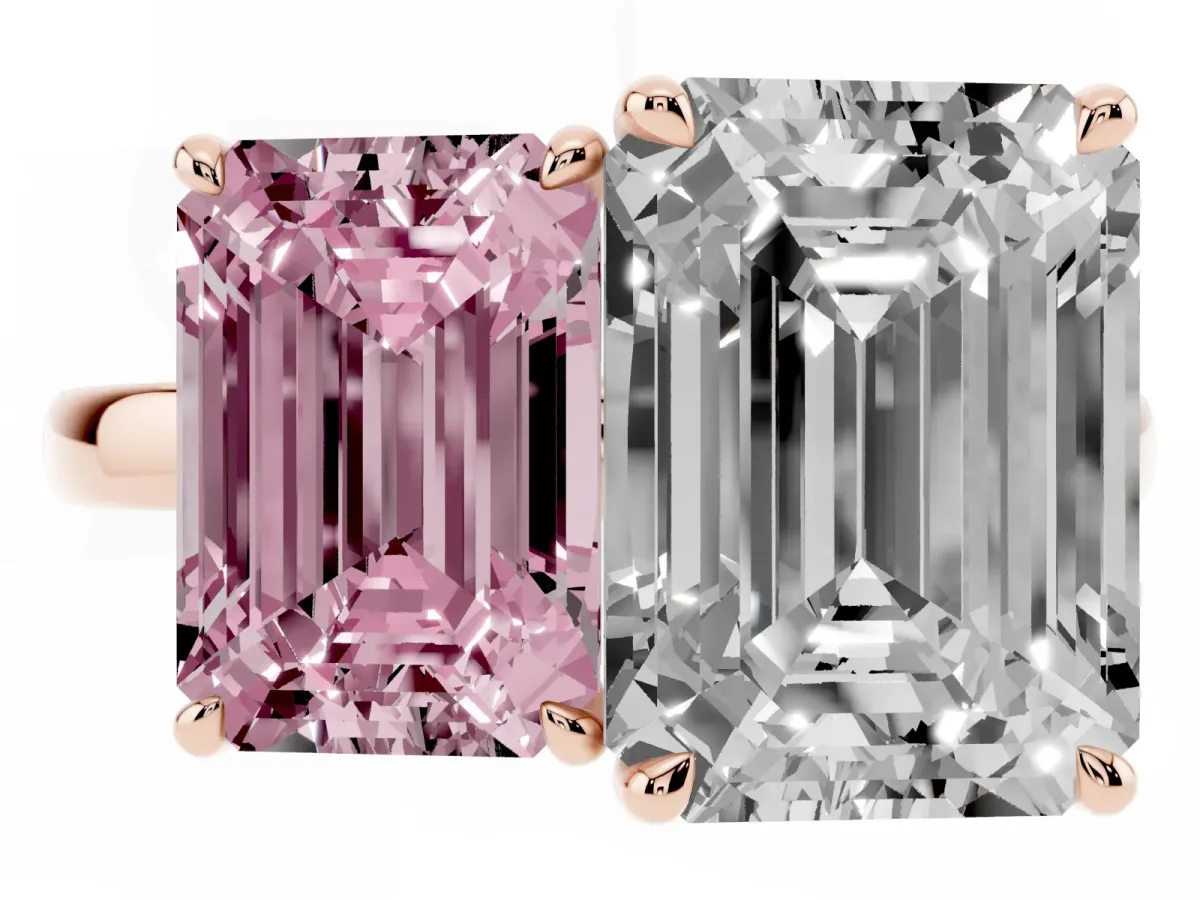 Fancy Pink Emerald Cut and Emerald Cut Toi Moi Ring with Prong Setting Rose gold
