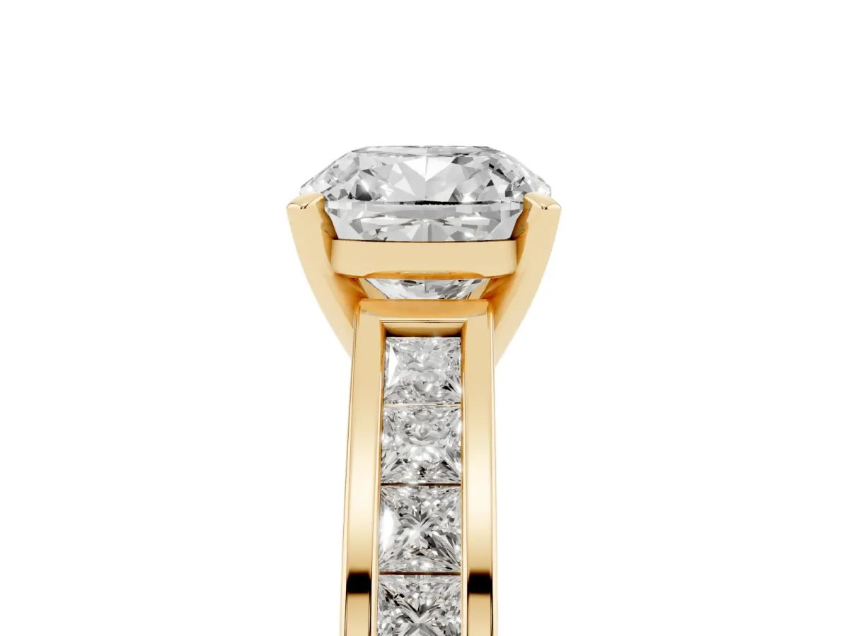 Cushion Cut Solitaire Diamond Ring with Channel-Set Band and Four-Prong Setting Yellow gold