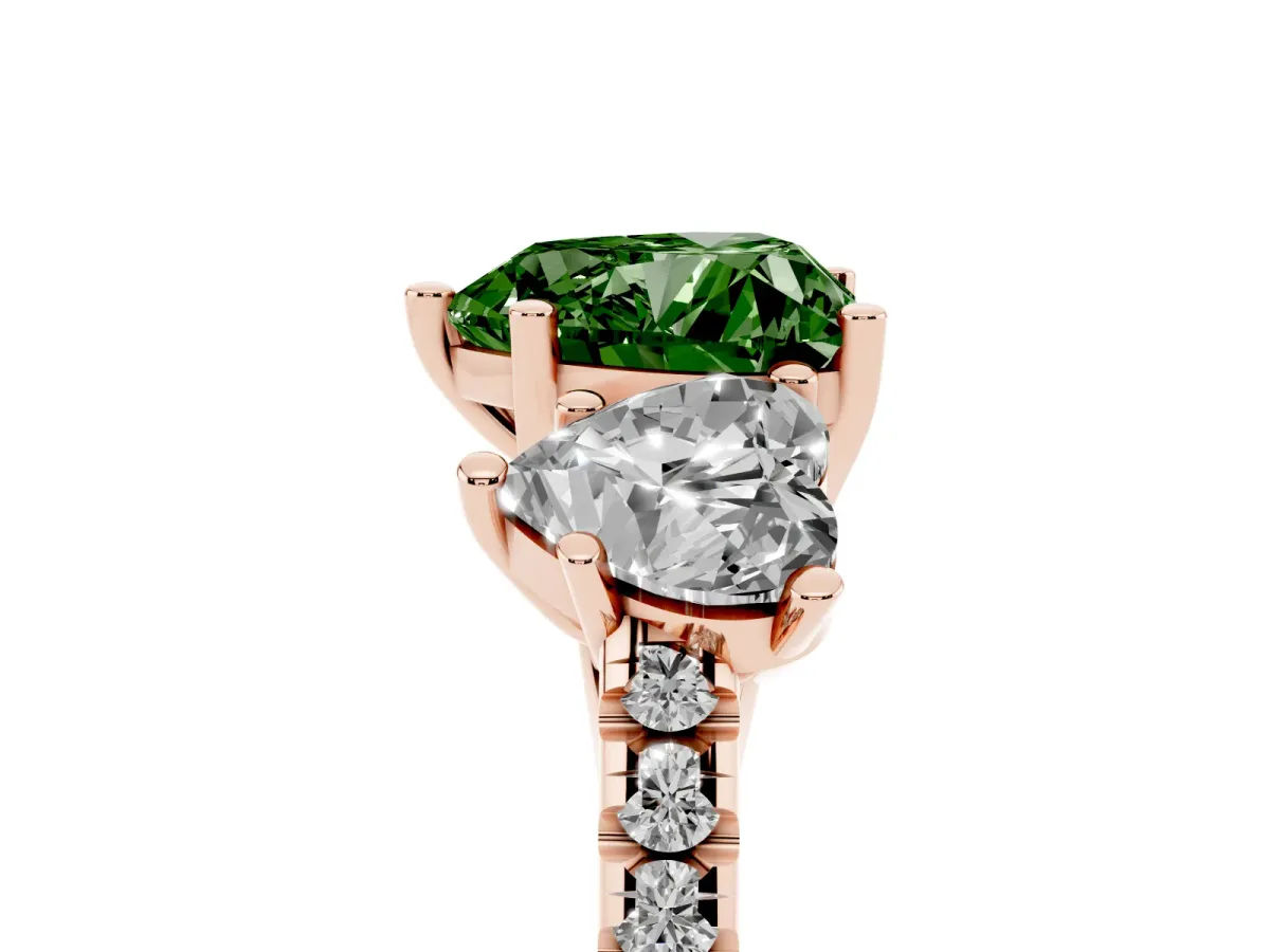 Fancy Green Three-Stone Heart Cut Diamond Ring with Round Pavé Band and Prong Setting Rose gold