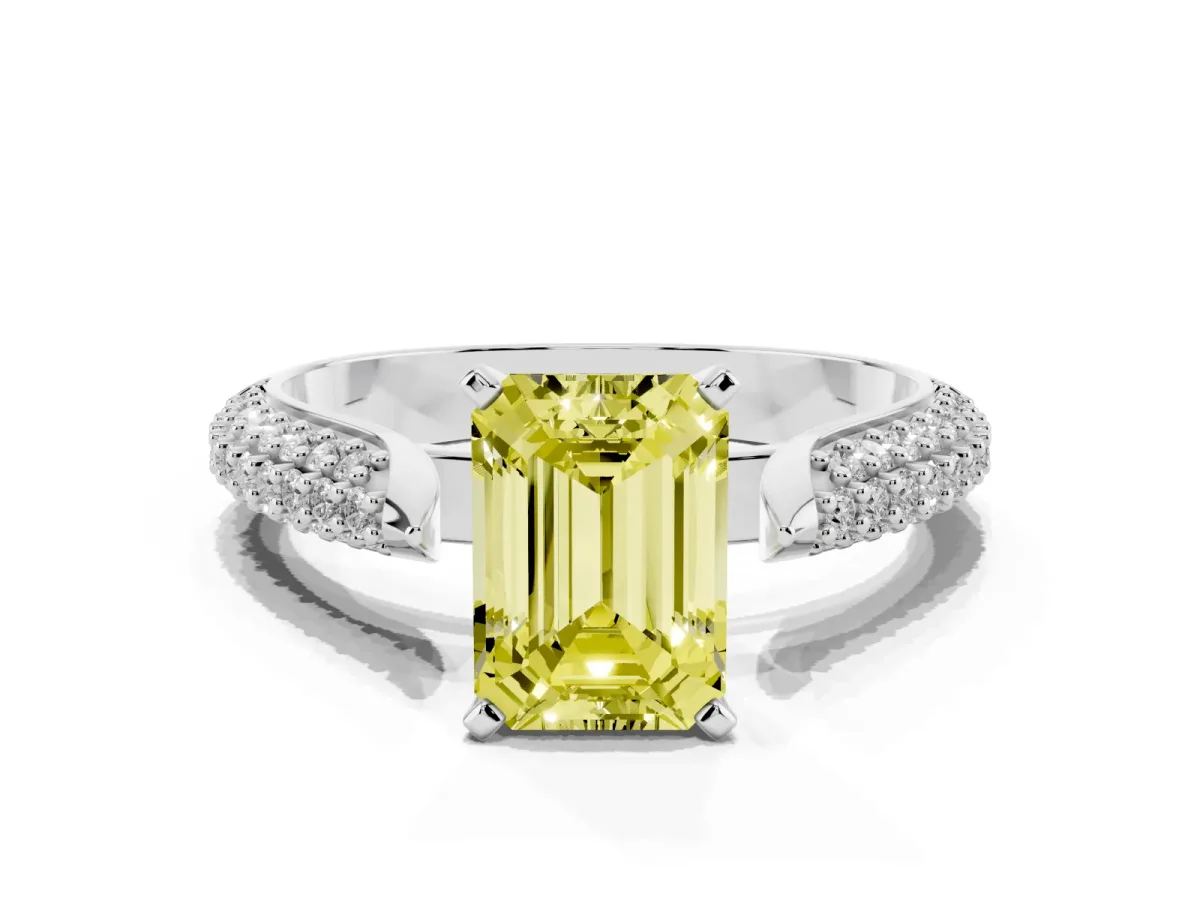 Fancy Yellow Emerald Cut Diamond Solitaire Engagement Ring with Multi-Row Round Pavé Band and Prong Setting Silver
