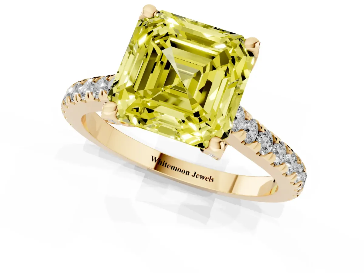 Fancy Yellow Asscher Cut Brilliant Diamond Solitaire with Pavé Band and Four-Prong Setting Yellow gold