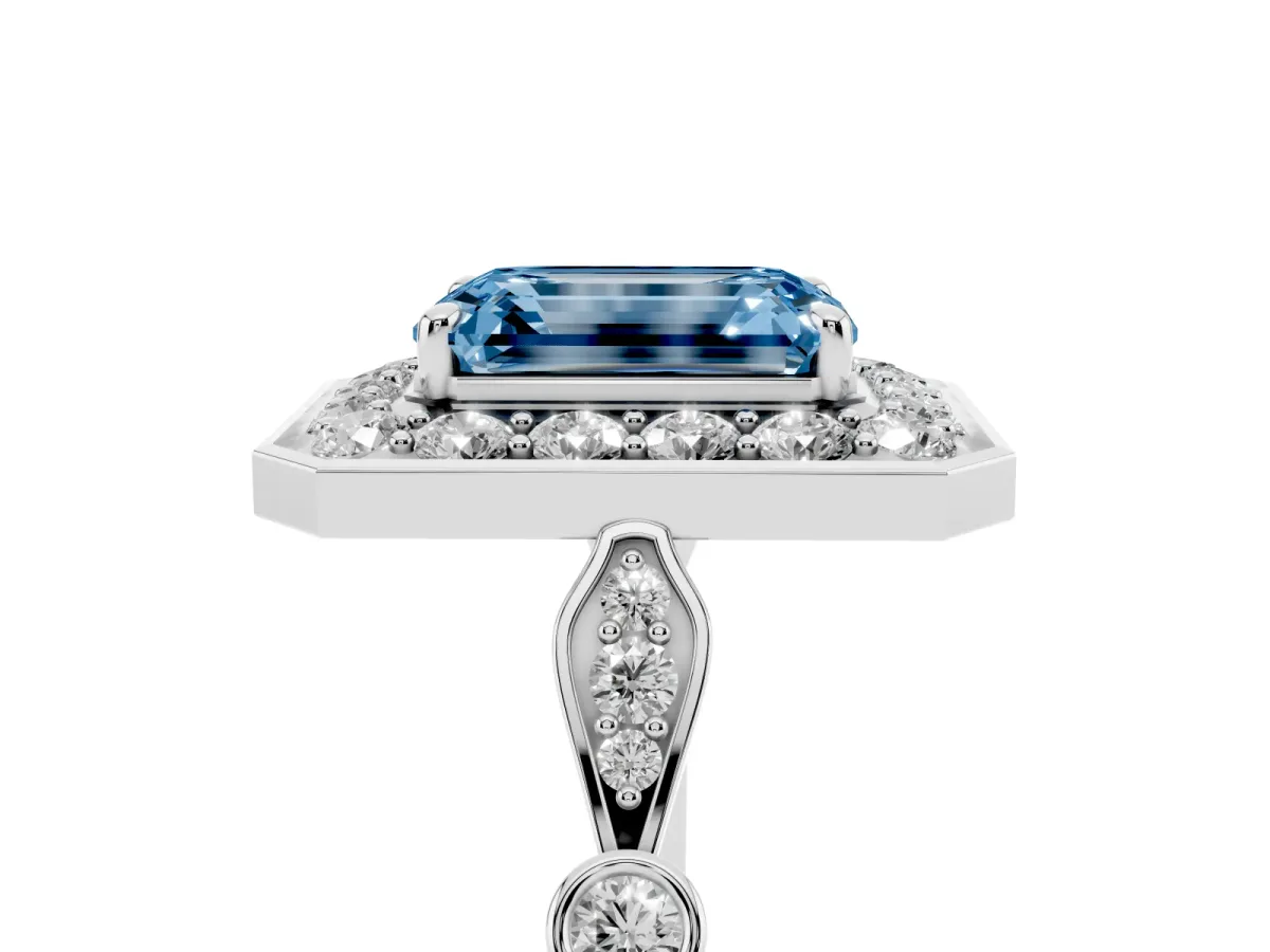 Fancy Blue Emerald Cut Halo Diamond Engagement Ring with Twisted Band and Four-Prong Setting Silver
