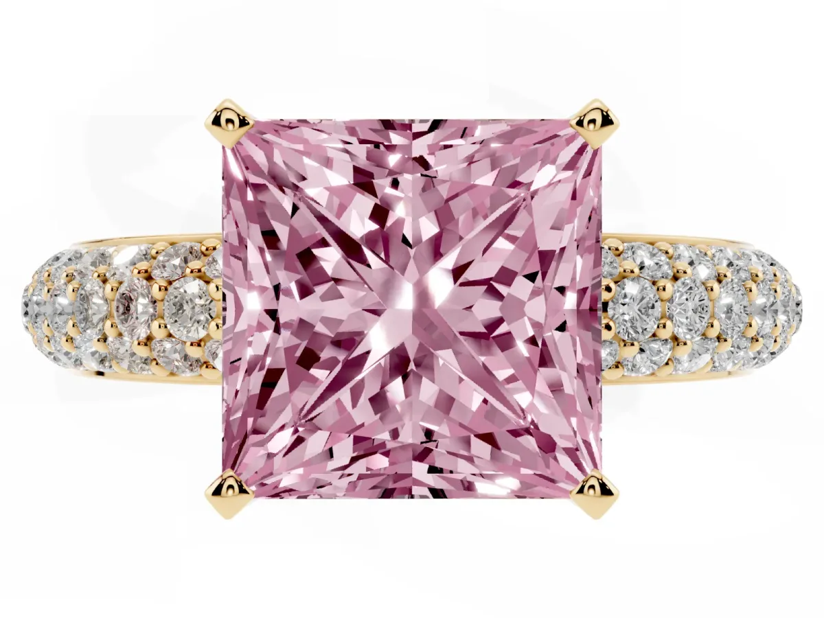 Fancy Pink Princess Cut Diamond Solitaire Ring with Prong Setting and Pavé Band Yellow gold