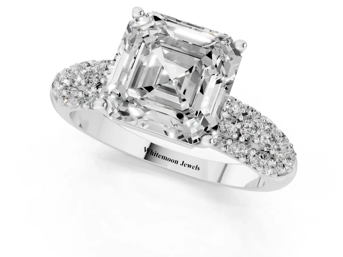 Asscher Cut Diamond Pavé Band Solitaire Ring with Four-Prong Setting Silver