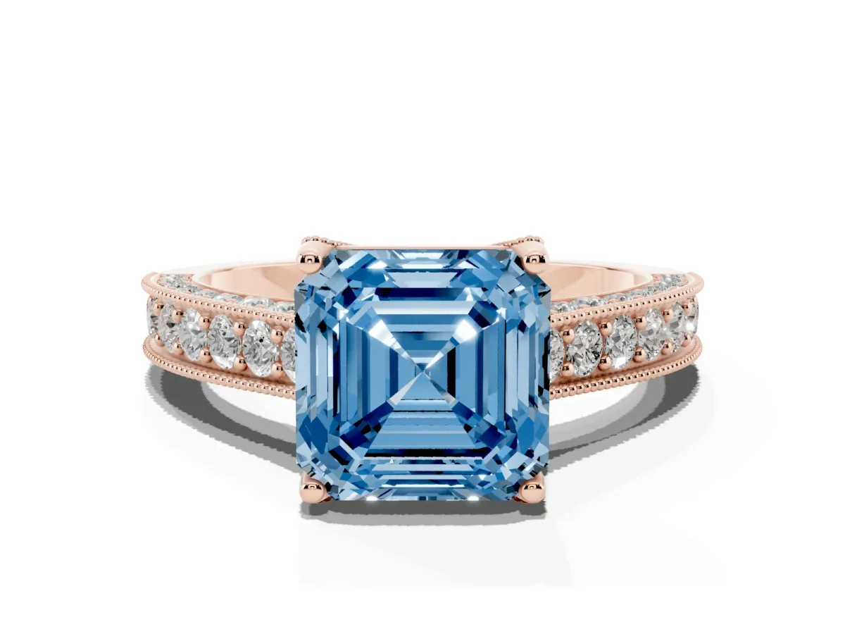 Fancy Blue Asscher Cut Cut Diamond Solitaire Ring with Milgrain Pave Band and Four Prong Setting Rose gold