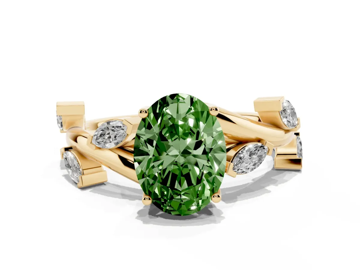 Fancy Green Oval Cut Solitaire Twisted Band Marquise Accent Prong Setting Ring Yellow gold