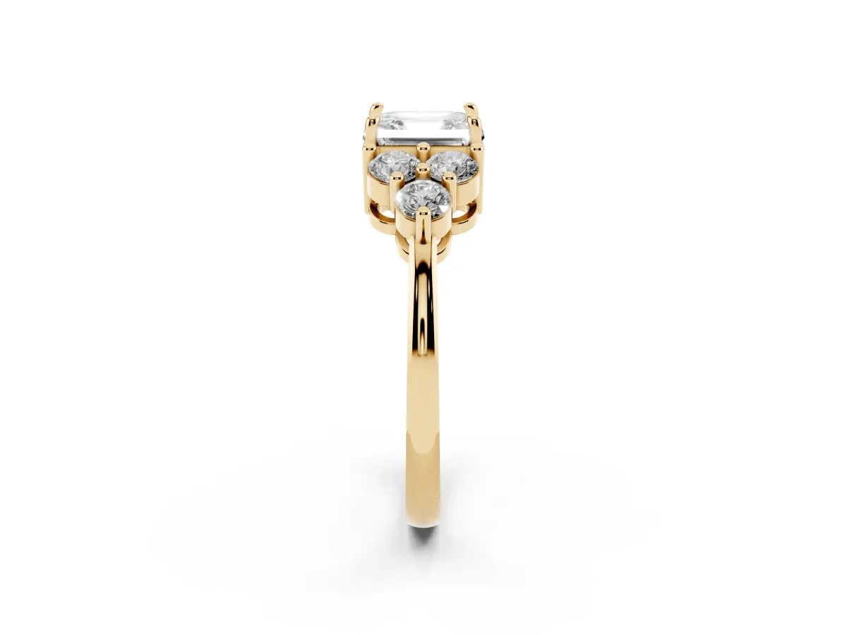 Asscher Cut Brilliant Diamond Cluster Accent Solitaire Ring with Prong Setting Yellow gold