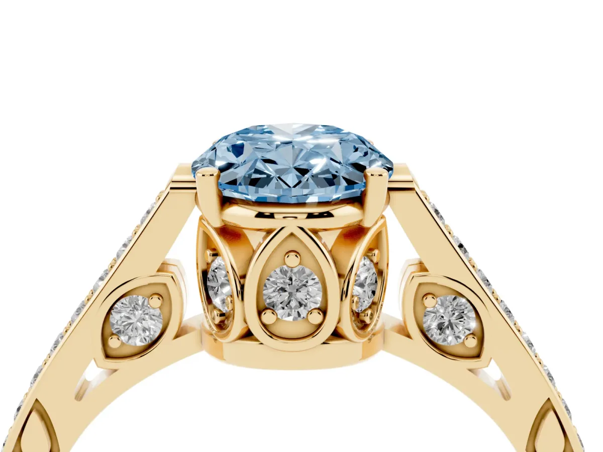 Fancy Blue Oval Cut Cut Cathedral Pave Diamond Engagement Ring with Six-Prong Setting Yellow gold