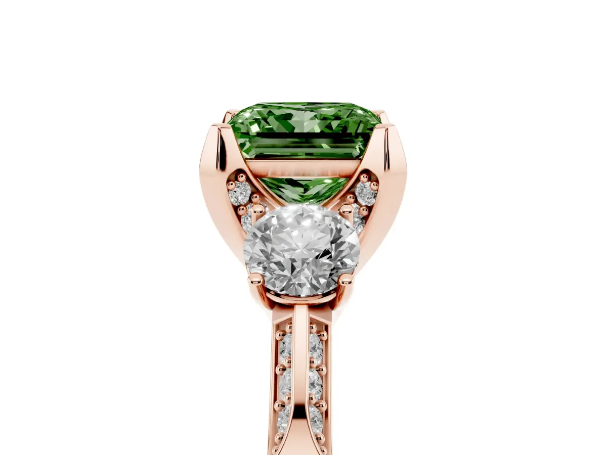 Fancy Green Princess Cut Brilliant Three-Stone Diamond Ring with Pavé Band and Four-Prong Setting Rose gold