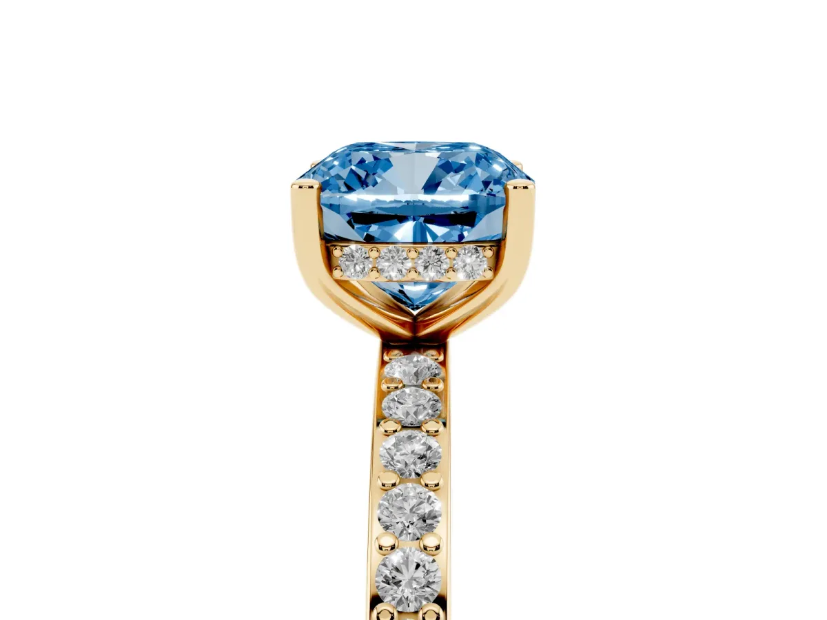 Fancy Blue Cushion Cut Cut Diamond Pavé Band Ring with Four-Prong Setting Yellow gold