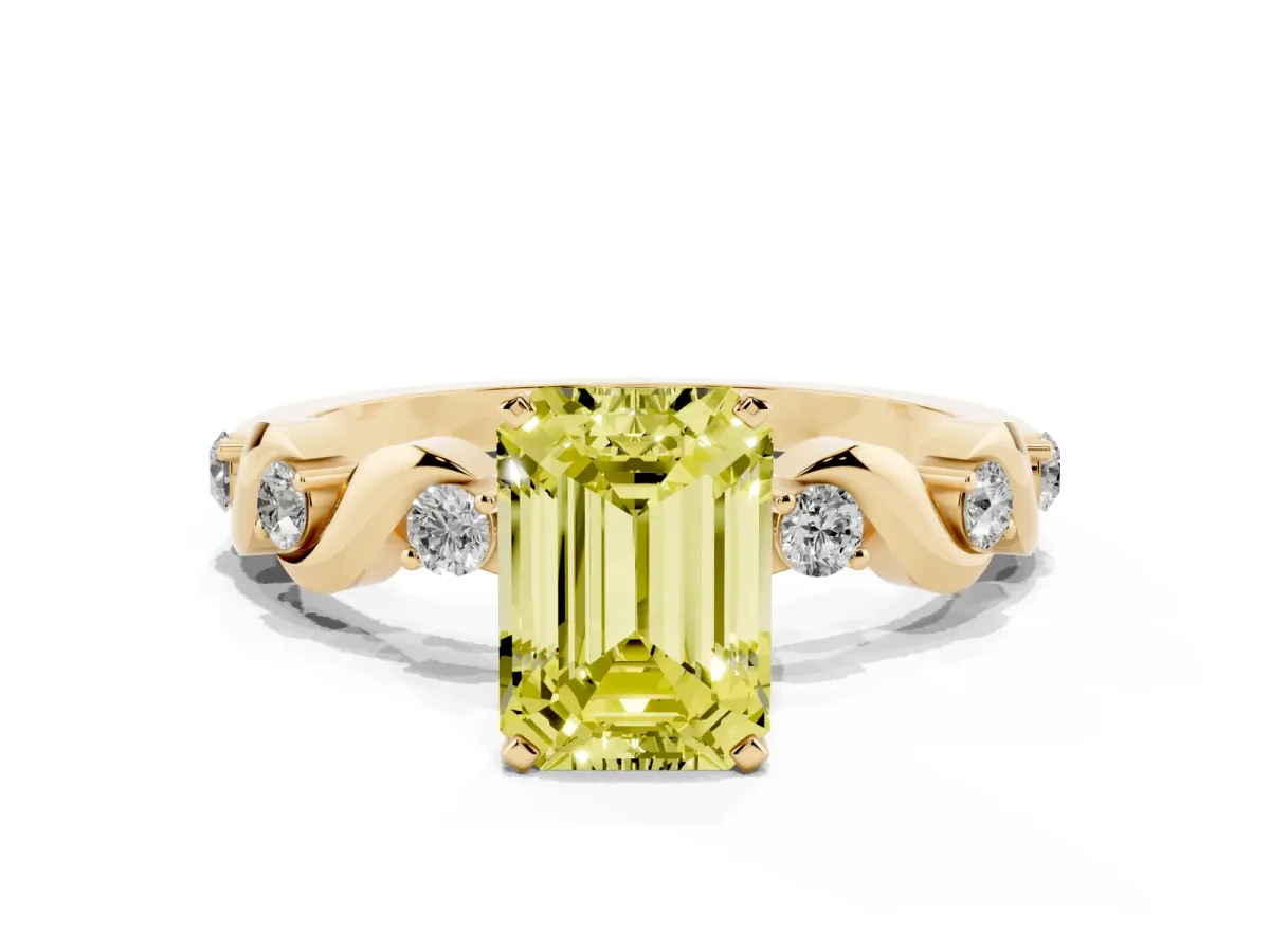 Fancy Yellow Emerald Cut Diamond Solitaire Twisted Band with Round Accents and Prong Setting Yellow gold