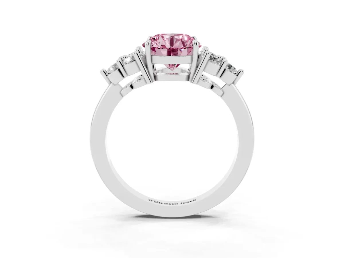 Fancy Pink Round Cut Brilliant Diamond Cluster Accent Solitaire Ring with Prong Setting White gold