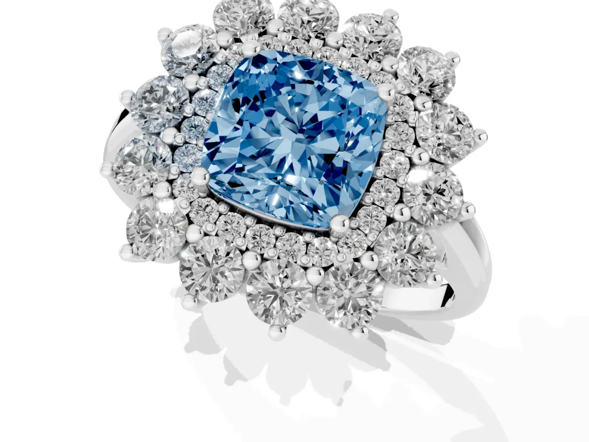 Fancy Blue Cushion Cut Diamond Floral Double Halo Engagement Ring with Prong Setting Platinum