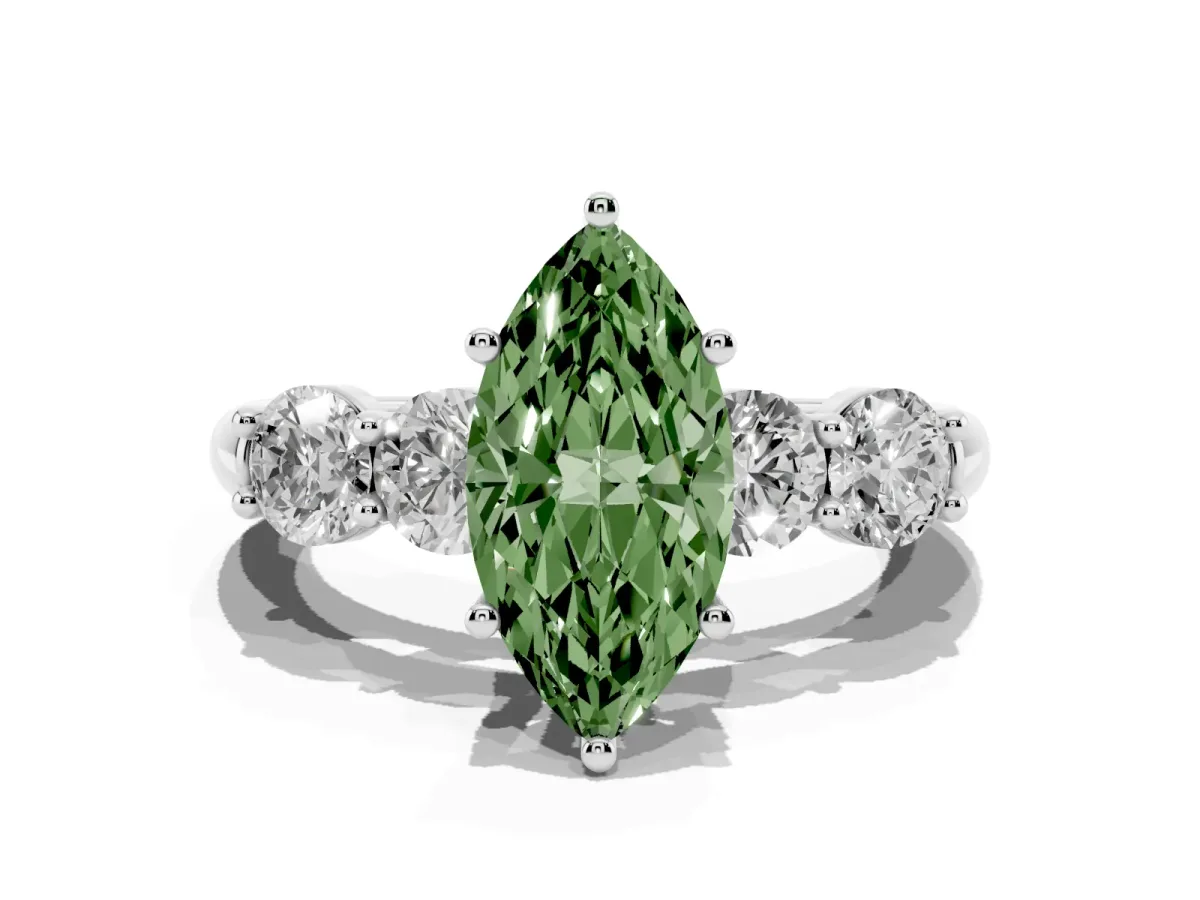 Fancy Green Marquise Cut Cut Five-Stone Prong Set Diamond Ring with Classic Band Silver