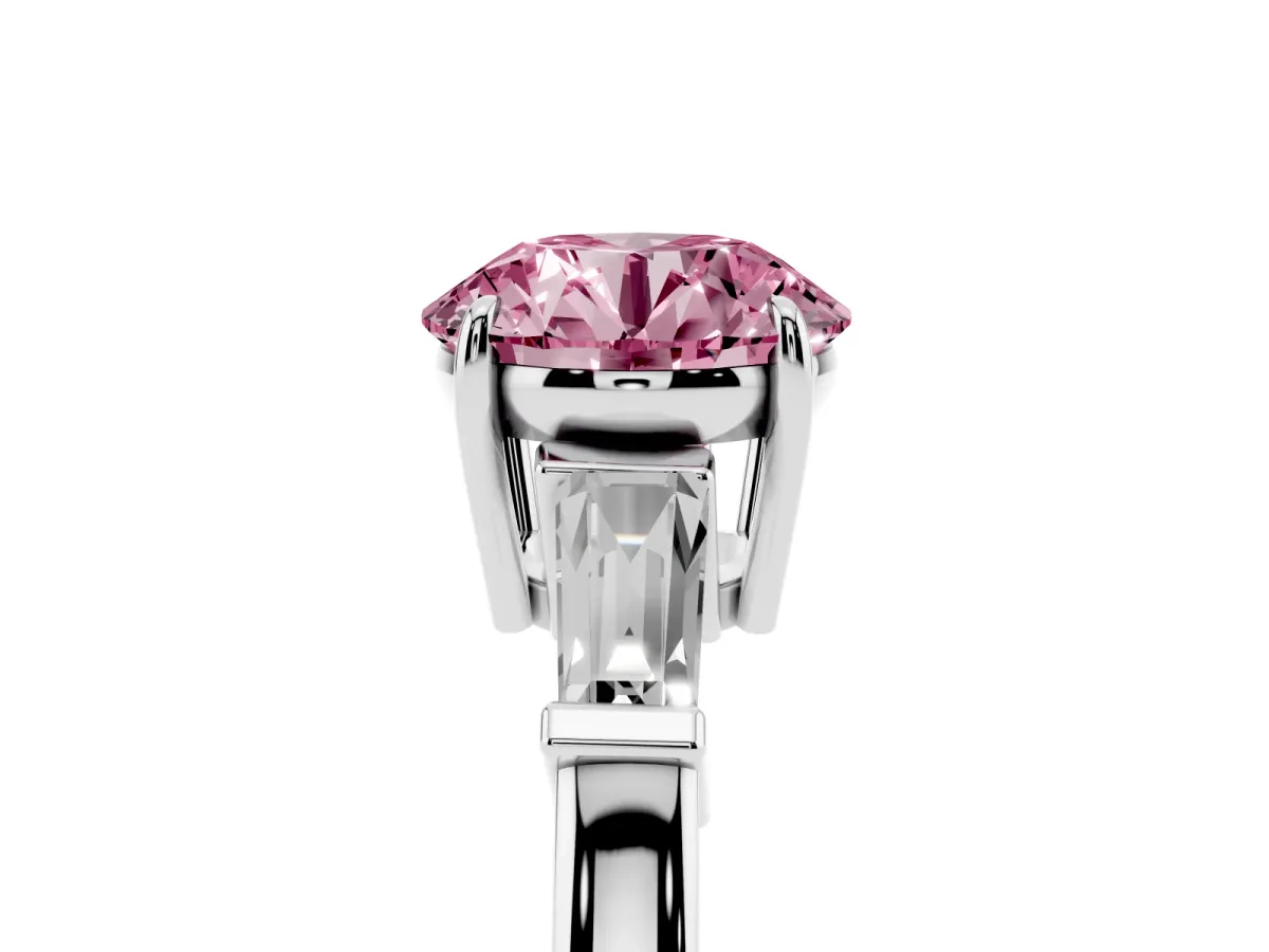 Fancy Pink Round Cut Diamond Three-Stone Ring with Tapered Baguette Side Stones and Prong Setting White gold