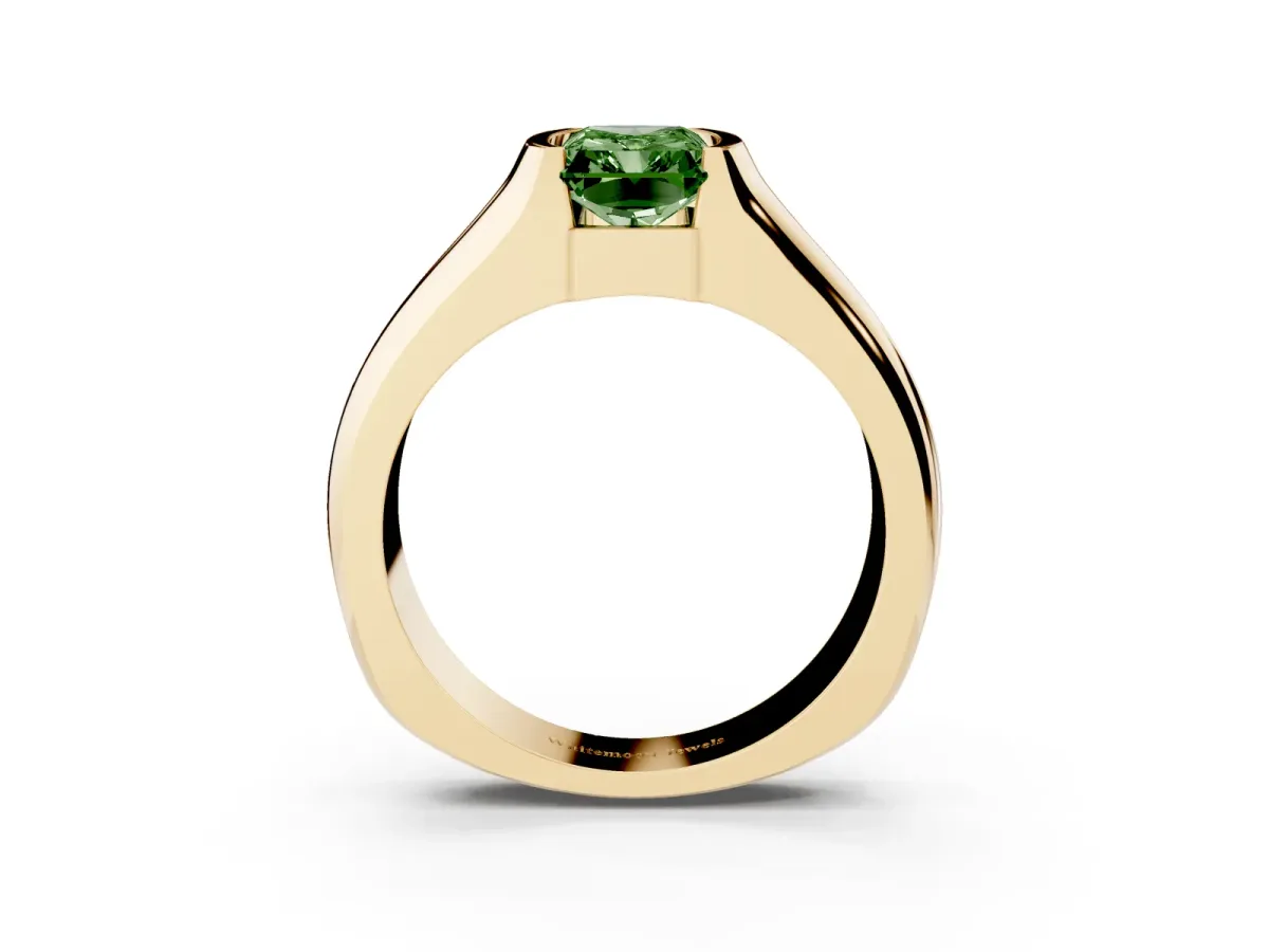 Fancy Green Radiant Cut Solitaire Bezel Set Diamond Ring with Wide Band Yellow gold