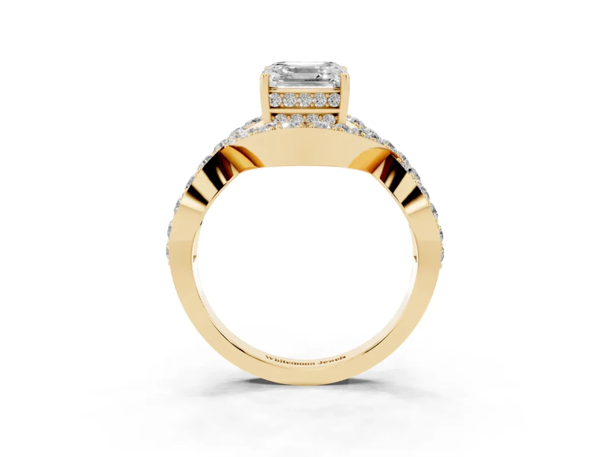 Asscher Cut Solitaire Twist Band Pavé Diamond Engagement Ring Yellow gold