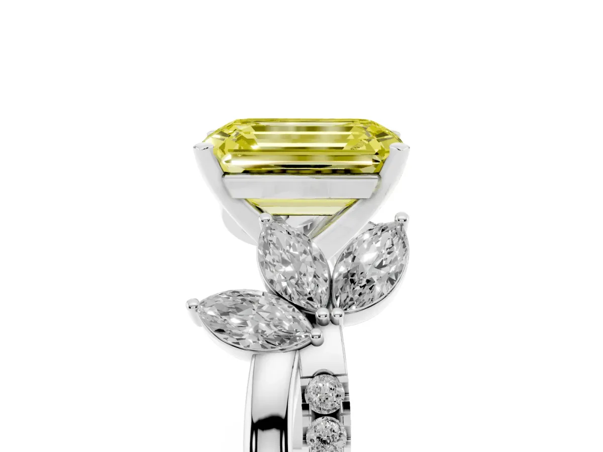Fancy Yellow Emerald Cut Diamond Floral Vine Solitaire Engagement Ring Platinum