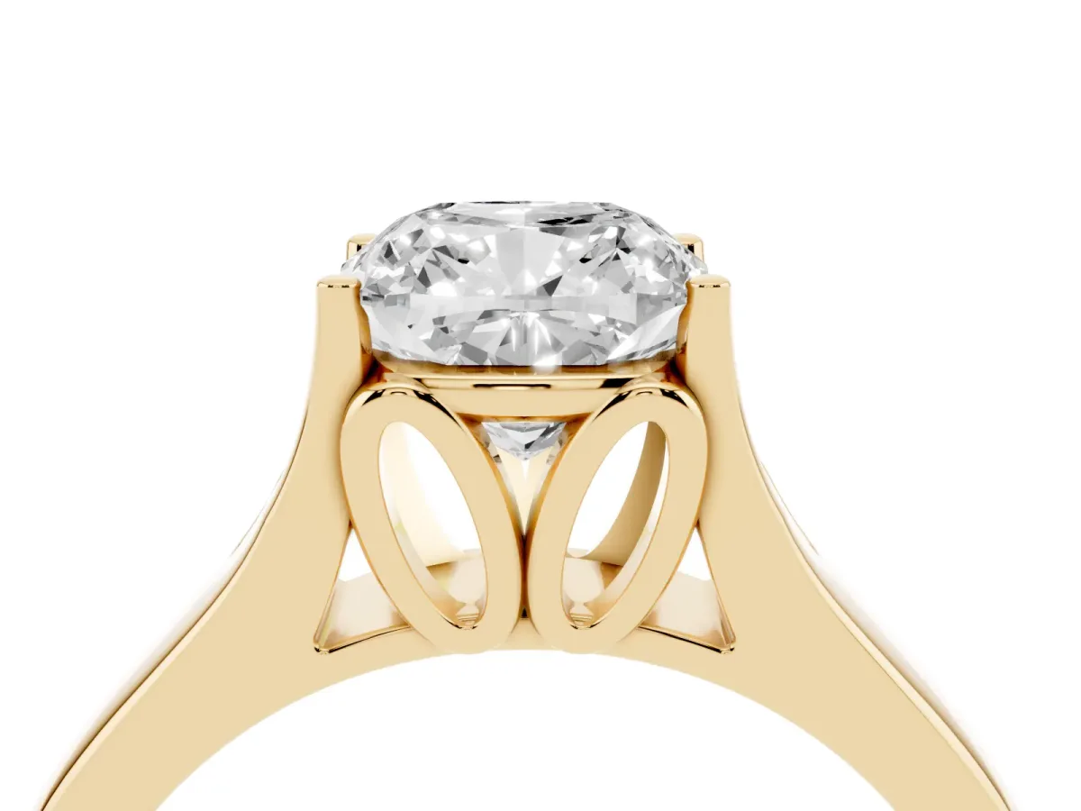 Cushion Cut Solitaire Diamond Ring with Cathedral Band and Four-Prong Setting Yellow gold