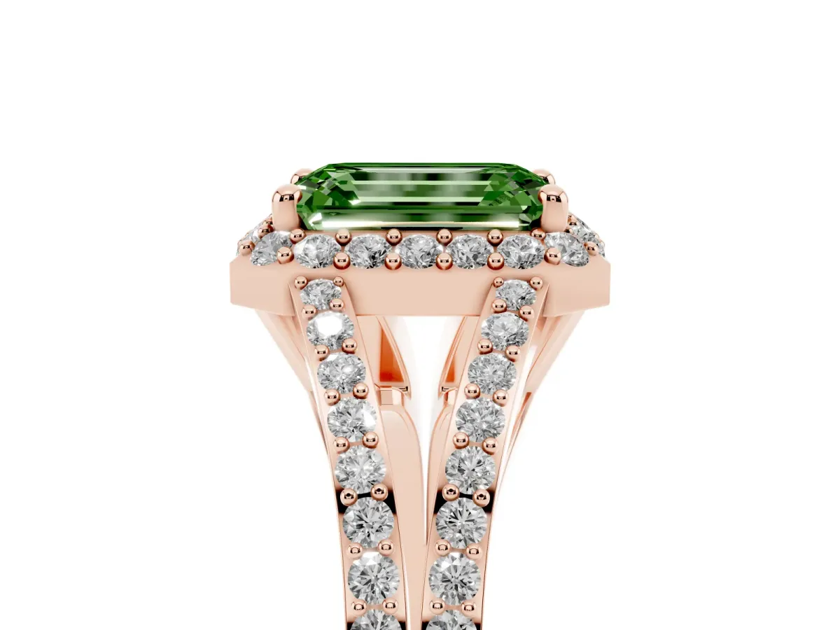 Fancy Green Emerald Cut Halo Split Shank Diamond Ring with Prong Setting Rose gold