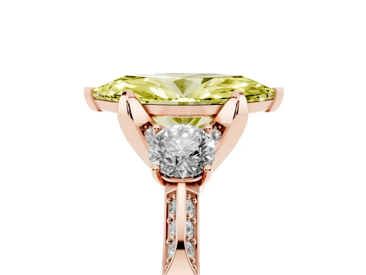 Fancy Yellow Marquise Cut Brilliant Three-Stone Diamond Ring with Pavé Band and Four-Prong Setting Rose gold