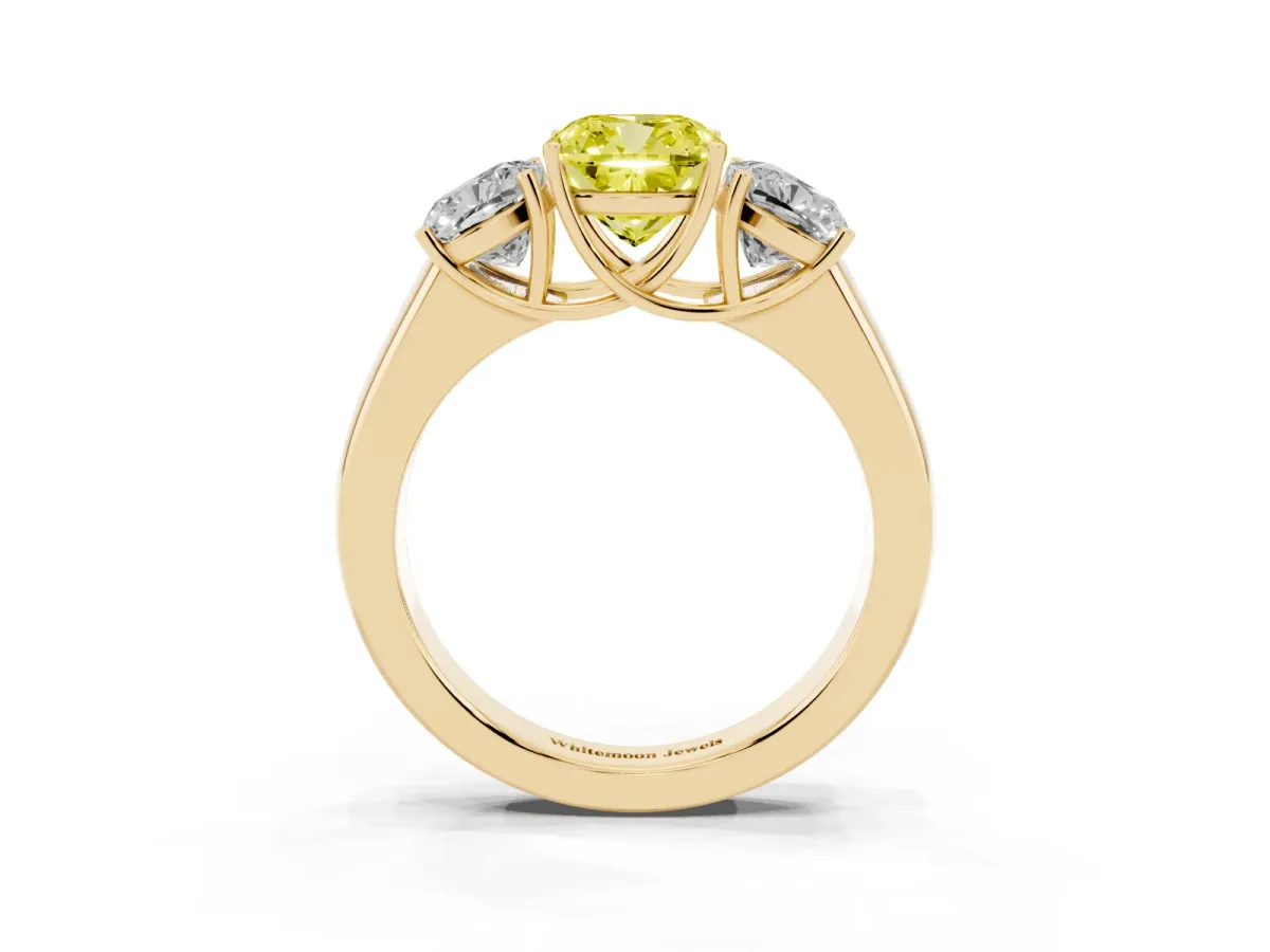 Fancy Yellow Three-Stone Cushion Cut Cut Diamond Ring with Prong Setting and Classic Band Yellow gold