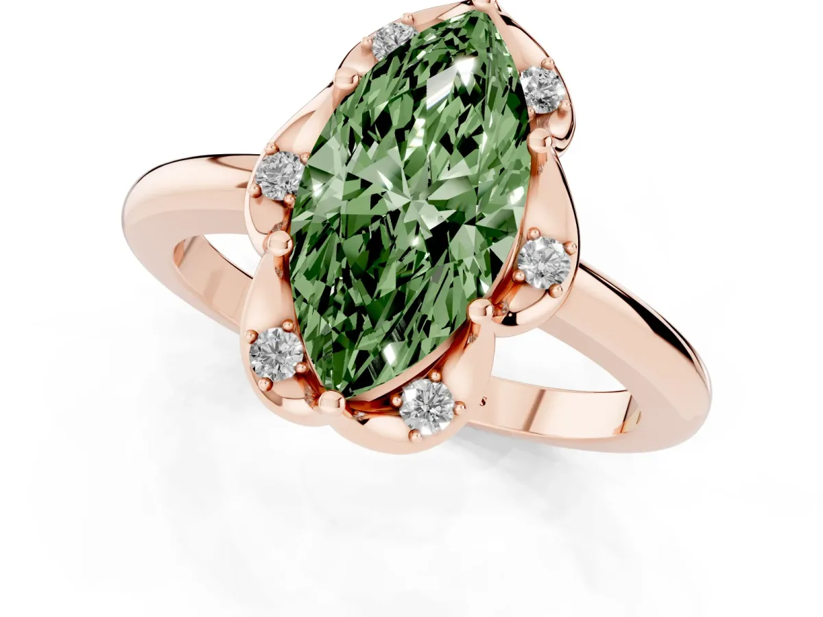 Fancy Green Marquise Cut Halo Diamond Ring with Round Cluster Setting, Solitaire Band, and Four-Prong Setting Rose gold