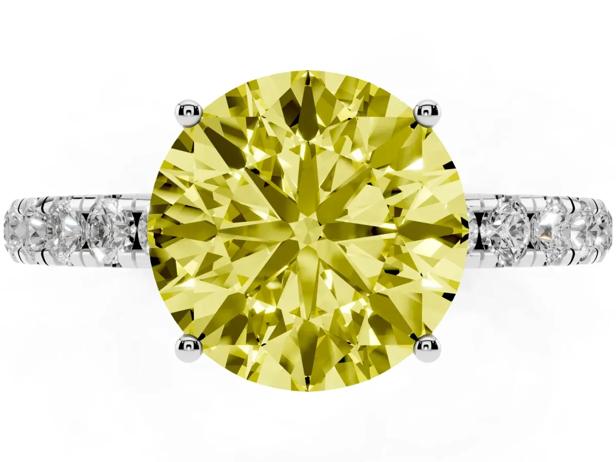 Fancy Yellow Round Cut Diamond Pavé Solitaire Engagement Ring with Four-Prong Setting Platinum