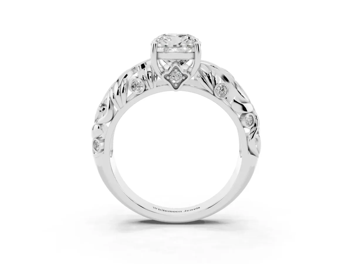 Cushion Cut Solitaire Diamond Leaf-Inspired Vine Band Ring with Prong Setting Platinum