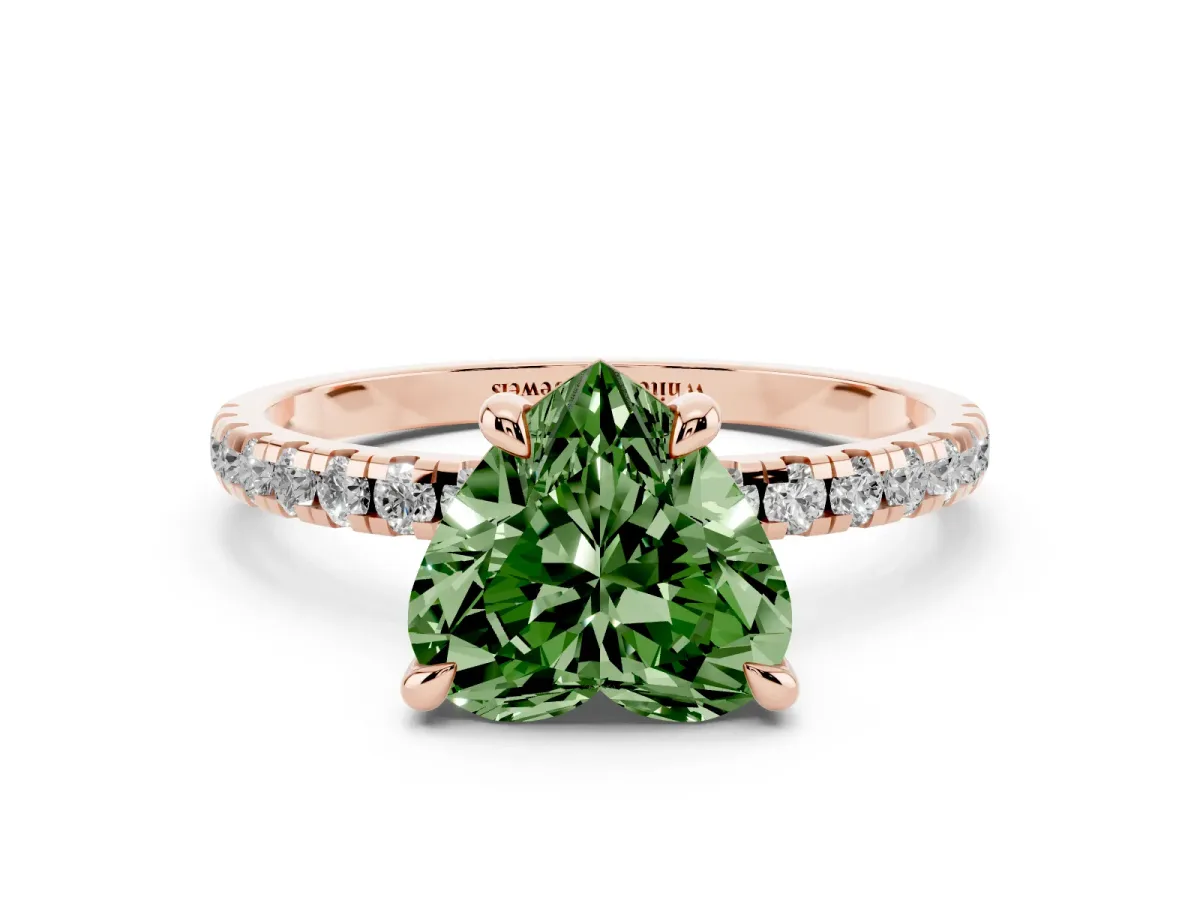 Fancy Green Heart Cut Diamond Brilliant Solitaire Ring with Pavé Band and Four-Prong Setting Rose gold
