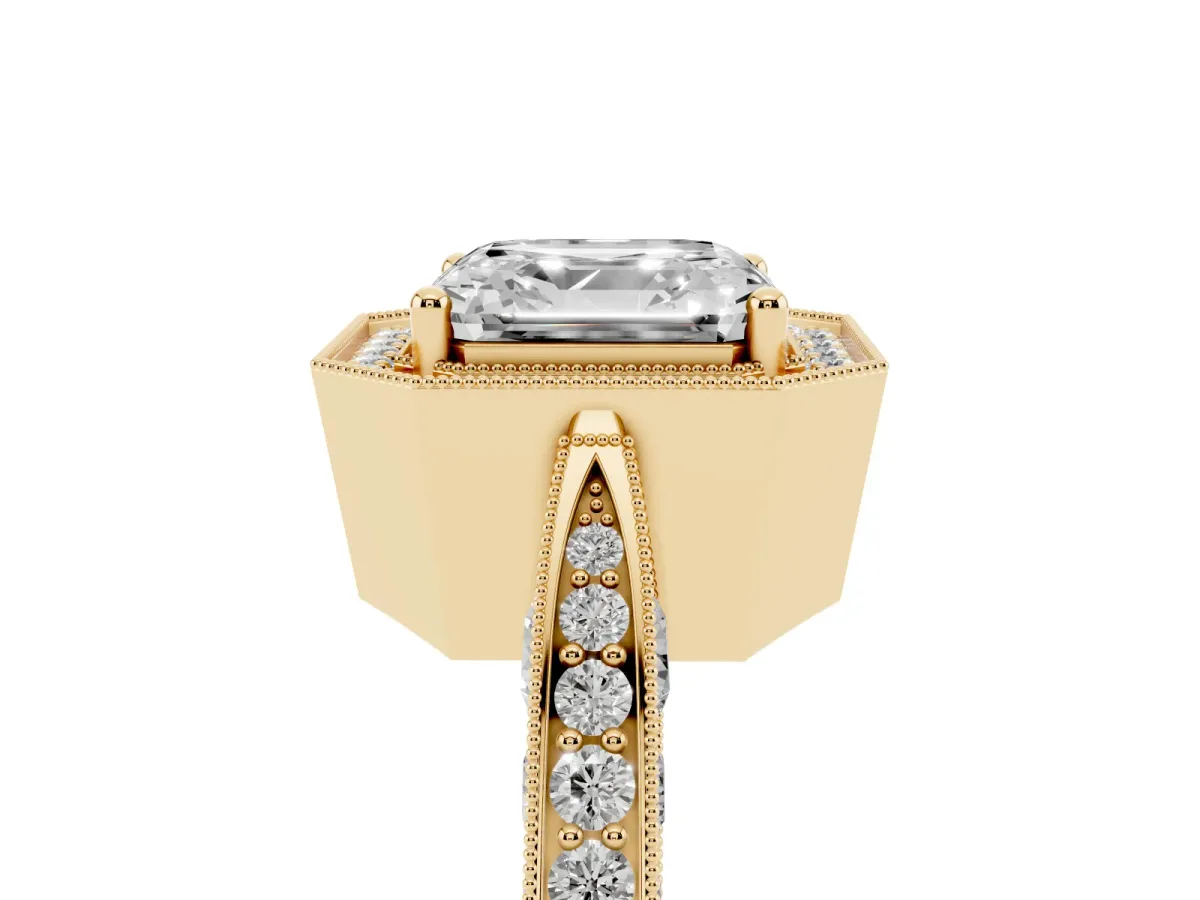 Asscher Cut Halo Diamond Engagement Ring with Split Shank Band and Four-Prong Setting Yellow gold