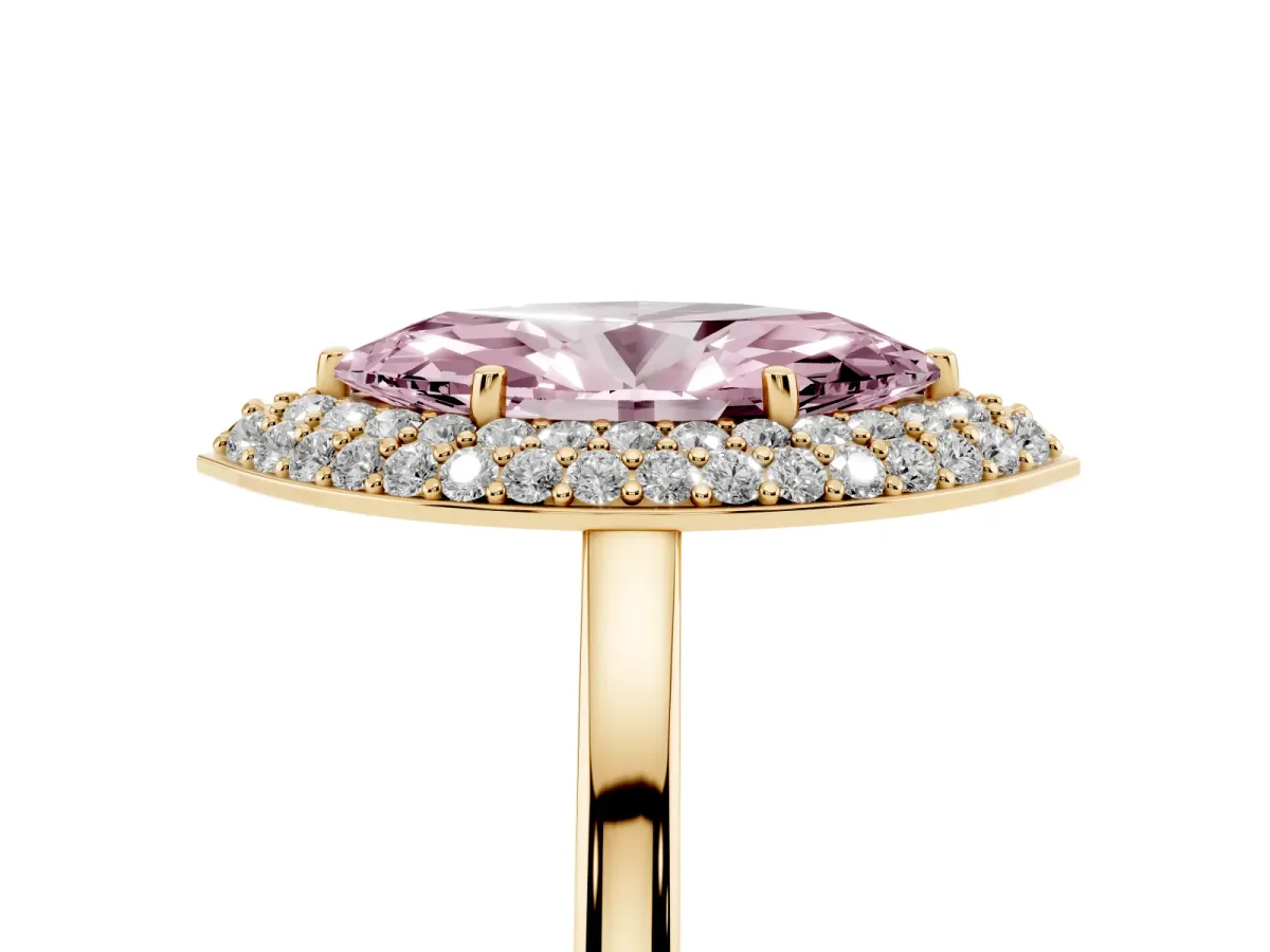Fancy Pink Marquise Cut Halo Diamond Engagement Ring with Solitaire Band and Four-Prong Setting Yellow gold