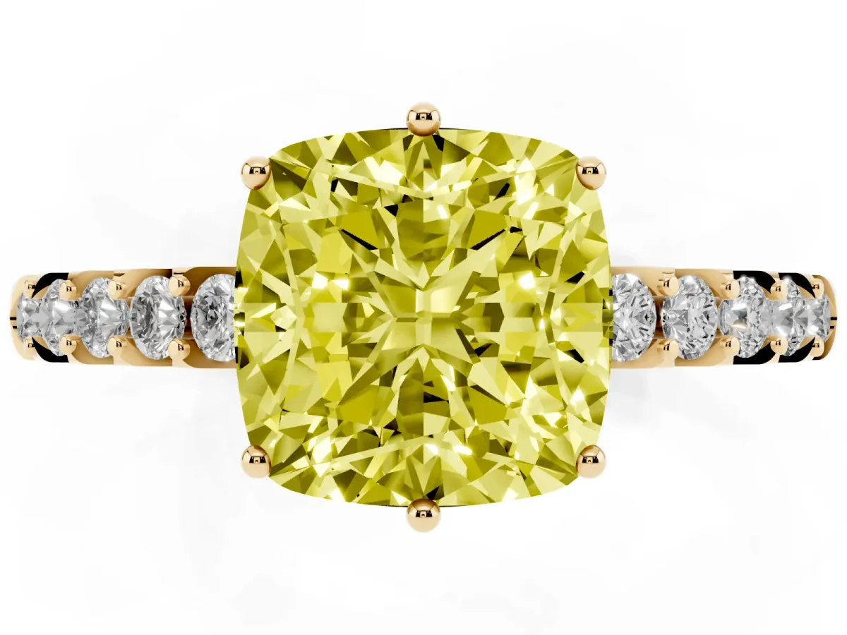 Fancy Yellow Cushion Cut Solitaire Diamond Engagement Ring with Pavé Band and Six-Prong Setting Yellow gold