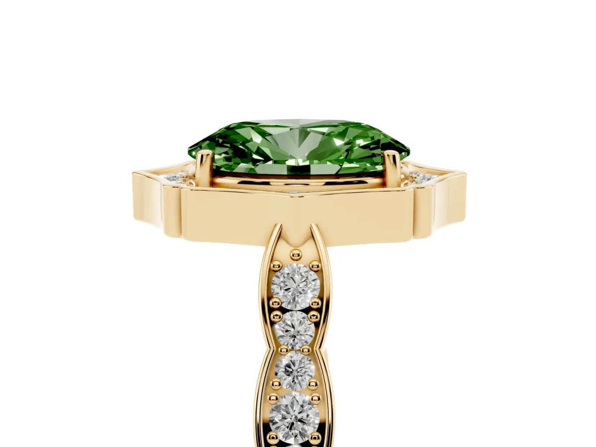Fancy Green Oval Cut Halo Diamond Engagement Ring with Milgrain Band and Four-Prong Setting Yellow gold